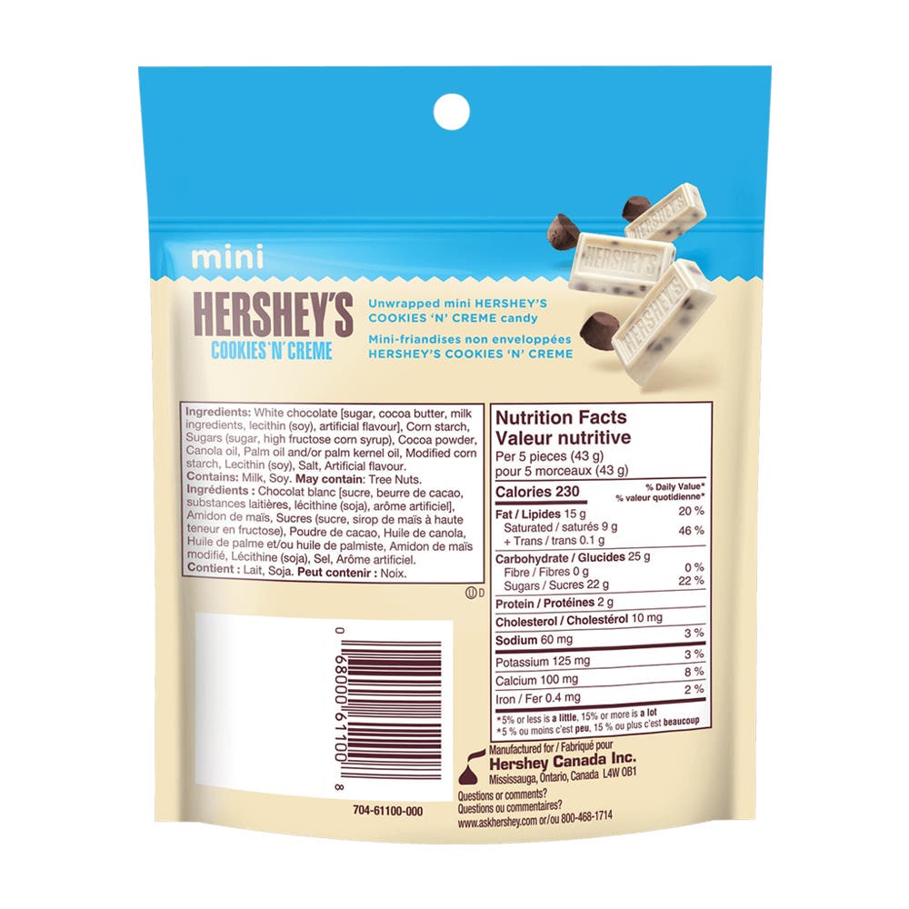 HERSHEY'S COOKIES 'N' CREME Mini Candy, 160g bag - Back of Package
