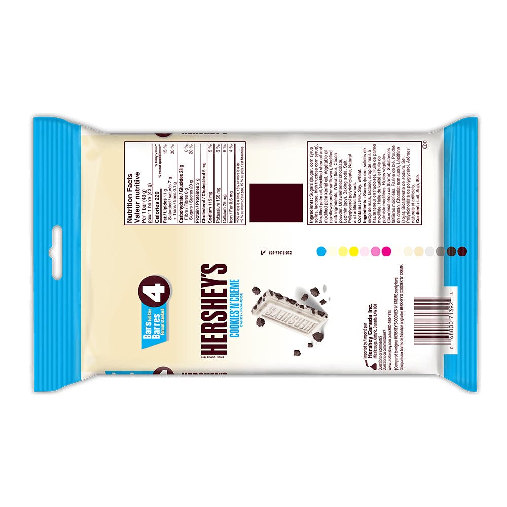 HERSHEY'S COOKIES 'N' CREME Candy Bars, 43g, 4 bars - Back of Package