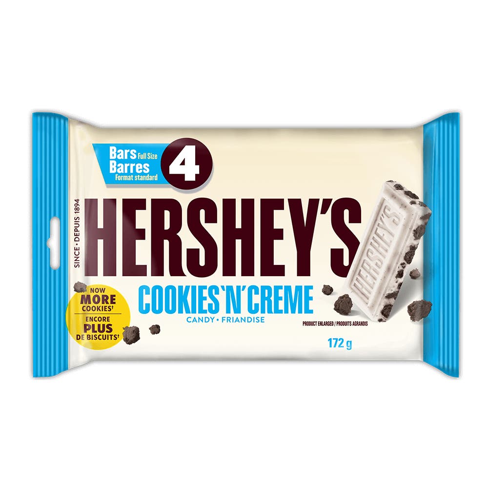 HERSHEY'S COOKIES 'N' CREME Candy Bars, 43g, 4 bars - Front of Package