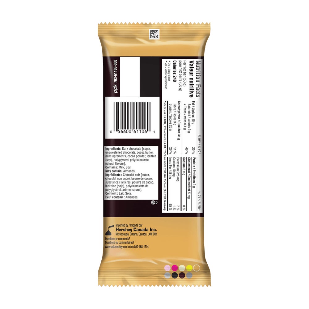 HERSHEY'S DARK Classic Candy Bar, 100g - Back of Package