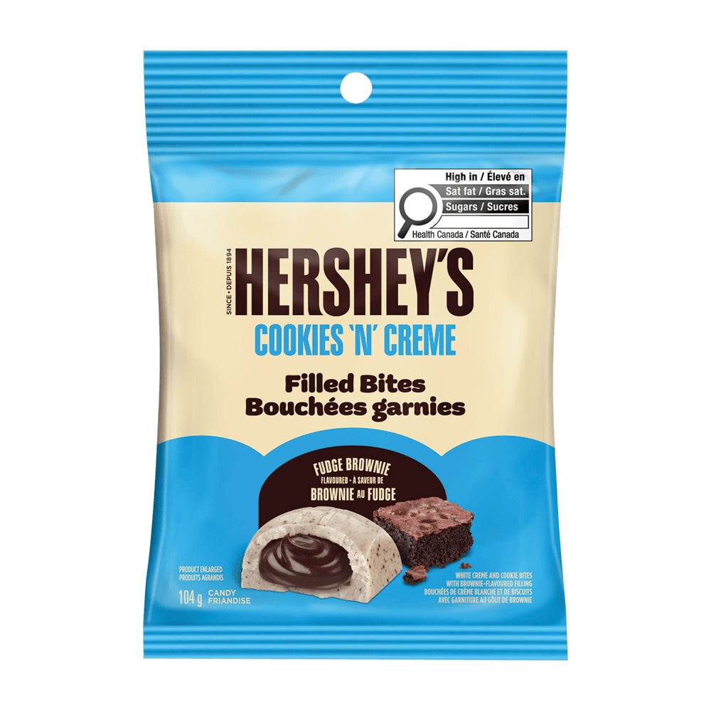 HERSHEY'S COOKIES 'N' CREME Filled Bites with Fudge Brownie Flavour, 104g bag - Front of Package