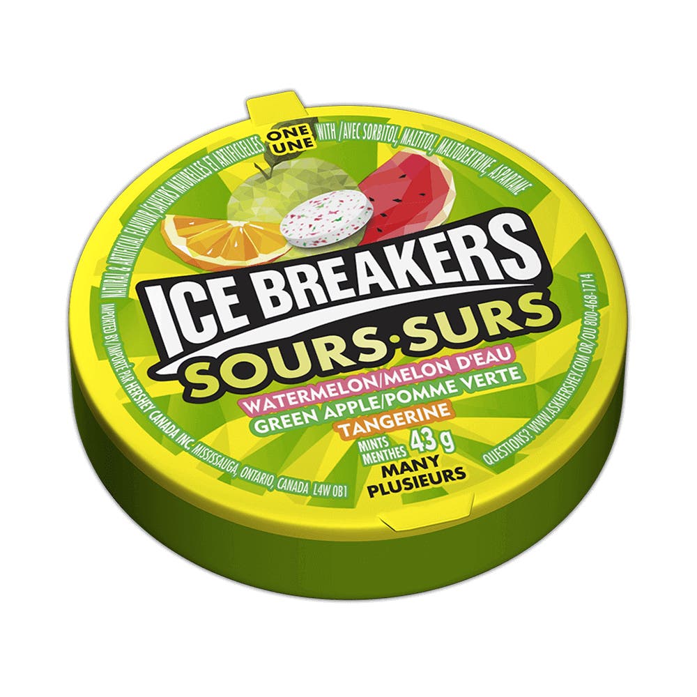 ICE BREAKERS Sours Fruit Flavoured Mints, 43g puck - Front of Package