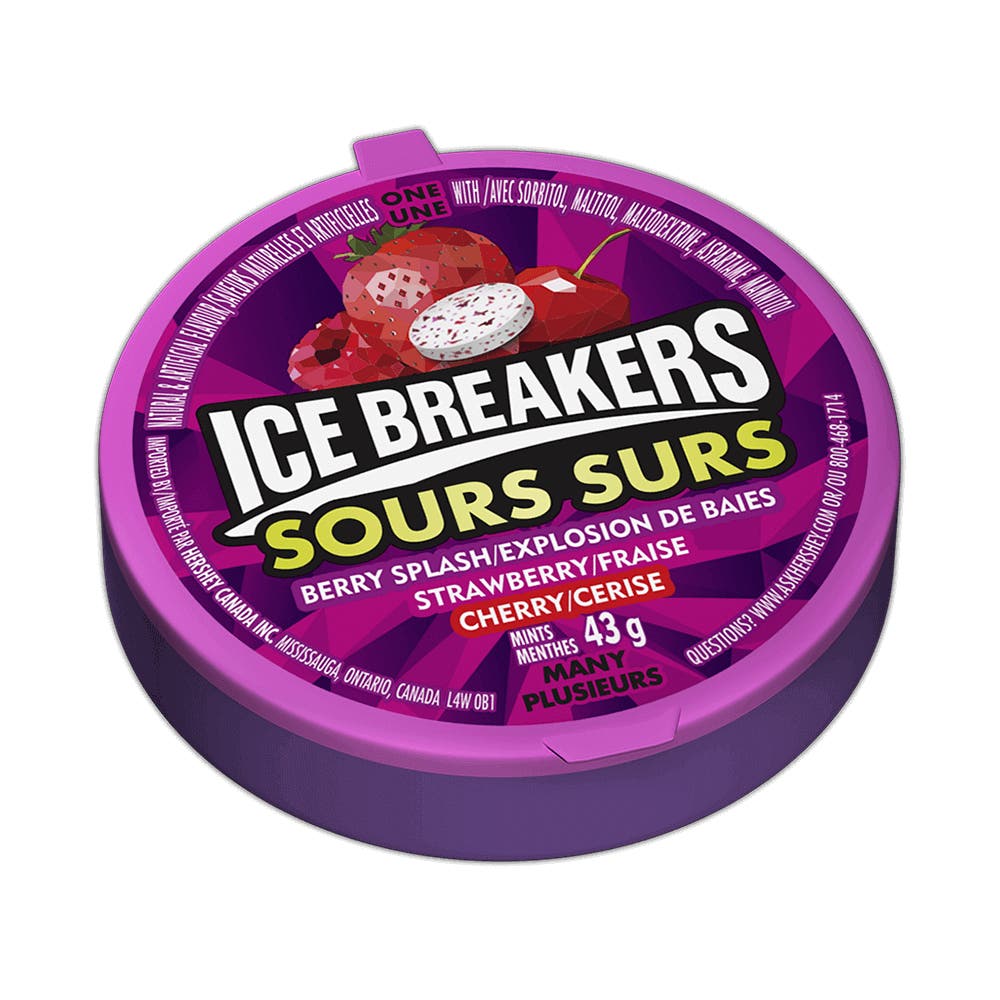 ICE BREAKERS Sours Berry Flavoured Mints, 43g puck - Front of Package