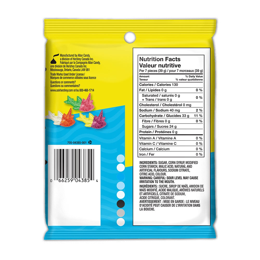 JOLLY RANCHER MISFITS Tropical Uni-Sharks Gummies, 182g bag - Back of Package
