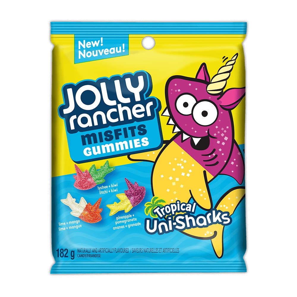 JOLLY RANCHER MISFITS Tropical Uni-Sharks Gummies, 182g bag - Front of Package