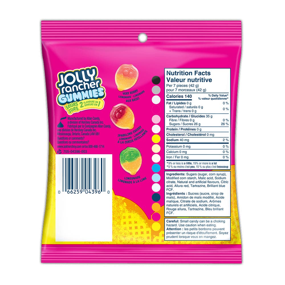 JOLLY RANCHER 2-in-1 Gummies Lemonade Sours, 182g bag - Back of Package