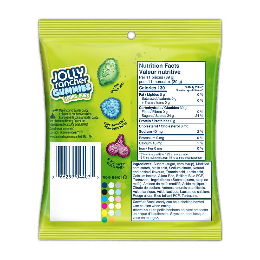 JOLLY RANCHER Gummies Sours, 182g bag - Back of Package