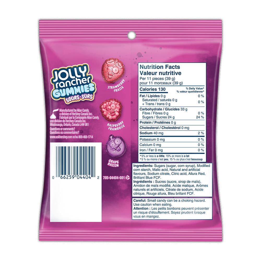 JOLLY RANCHER Gummies Sours Berries, 182g bag - Back of Package