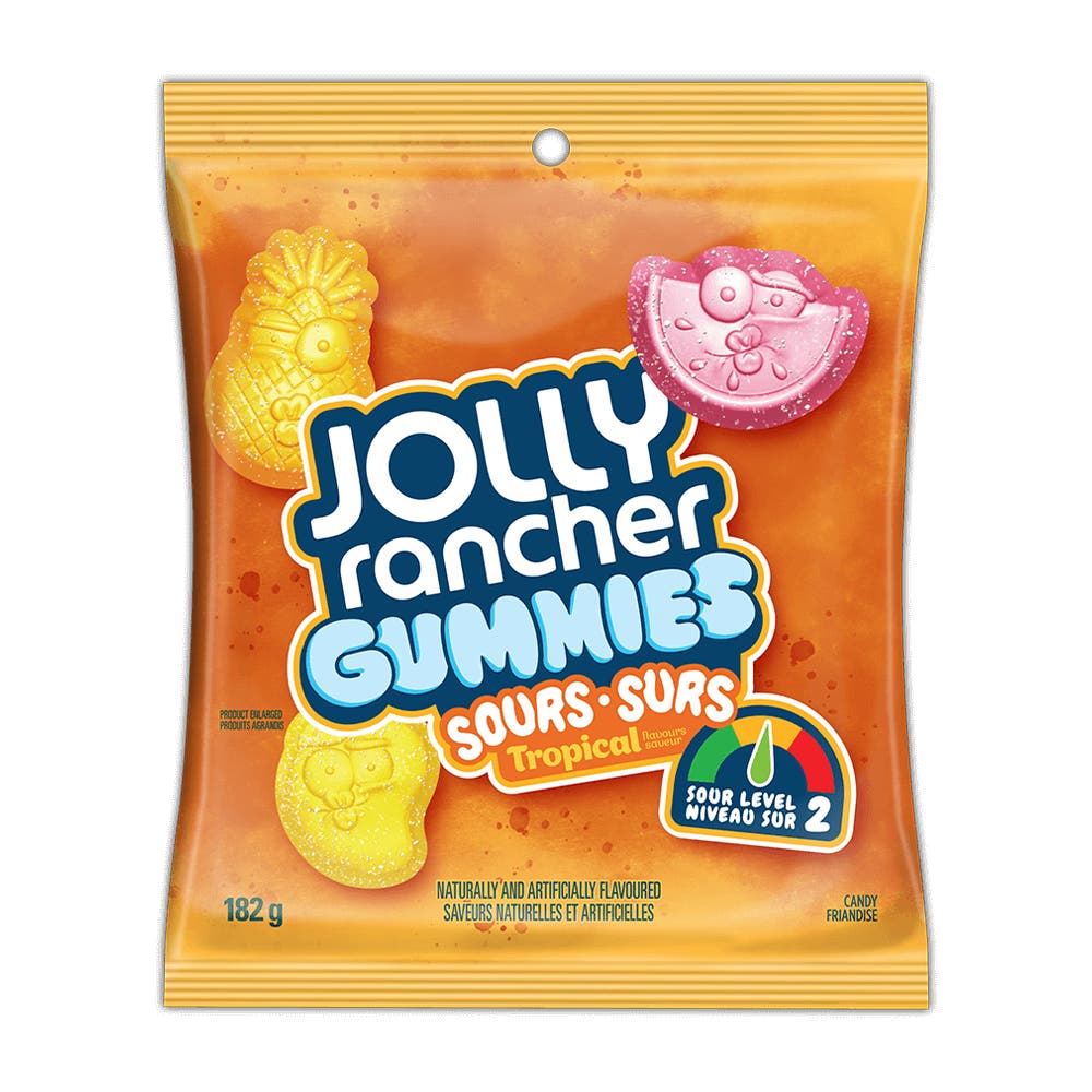 JOLLY RANCHER Gummies Sours Tropical, 182g bag - Front of Package