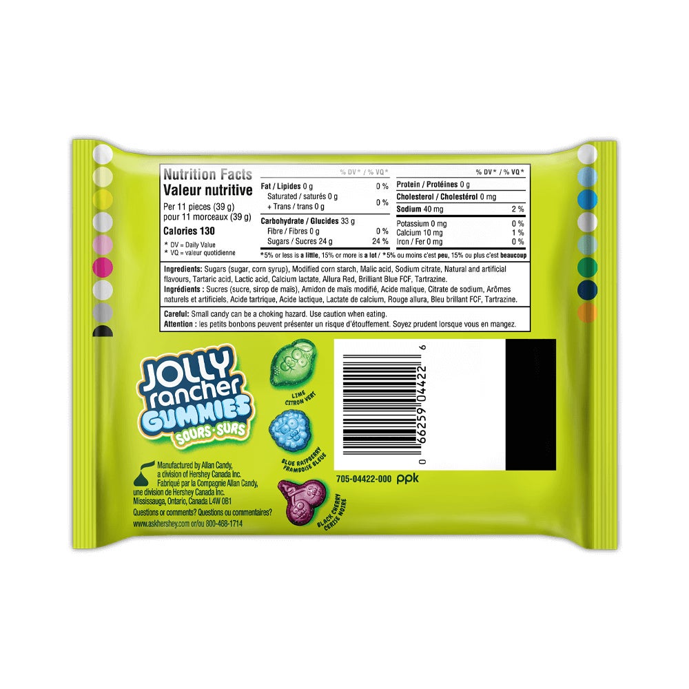 JOLLY RANCHER Gummies Sours King Size, 96g bag - Back of Package