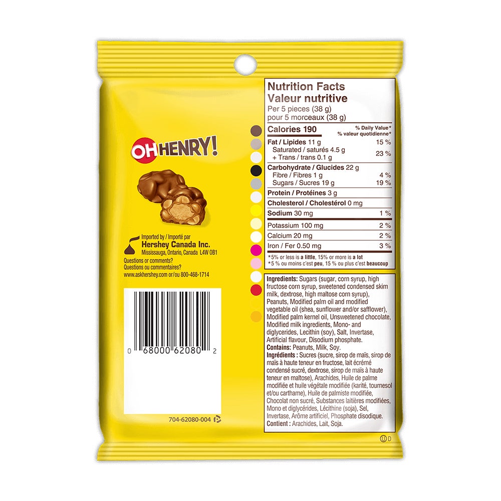 OH HENRY! Chocolatey Candy Bites, 104g bag - Back of Package