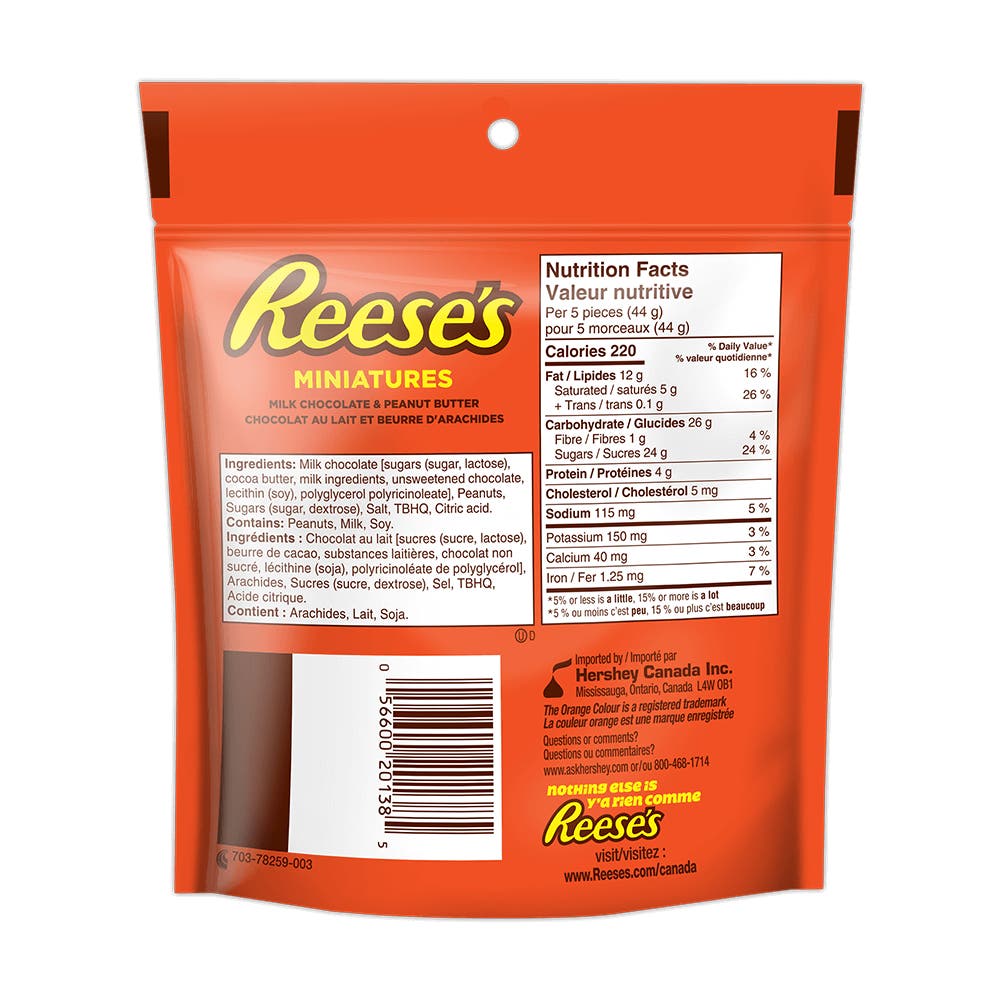 REESE'S MINIATURES Milk Chocolate Peanut Butter Cups Candy, 230g bag - Back of Package