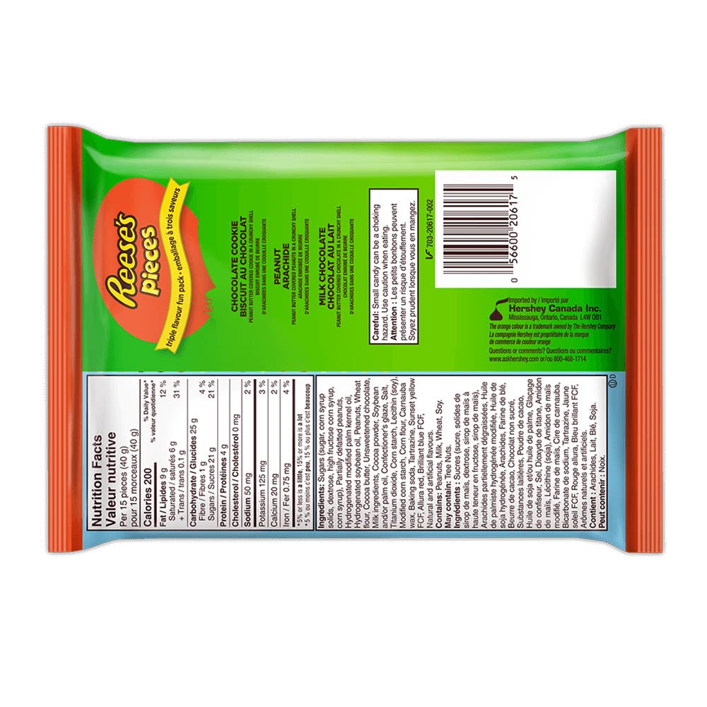 REESE'S PIECES Triple Flavour Fun Pack Candy, 350g bag - Back of Package