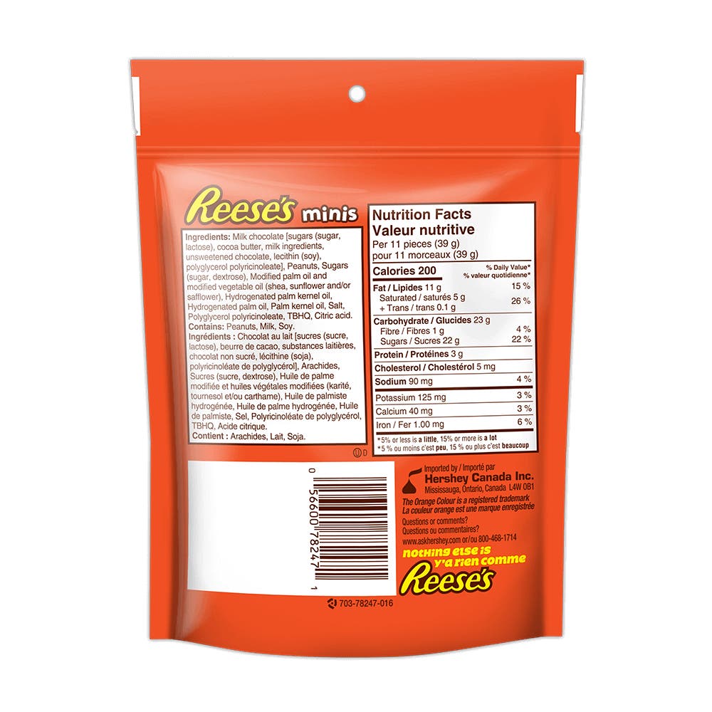 REESE'S Minis Milk Chocolate Peanut Butter Cups Candy, 210g bag - Back of Package
