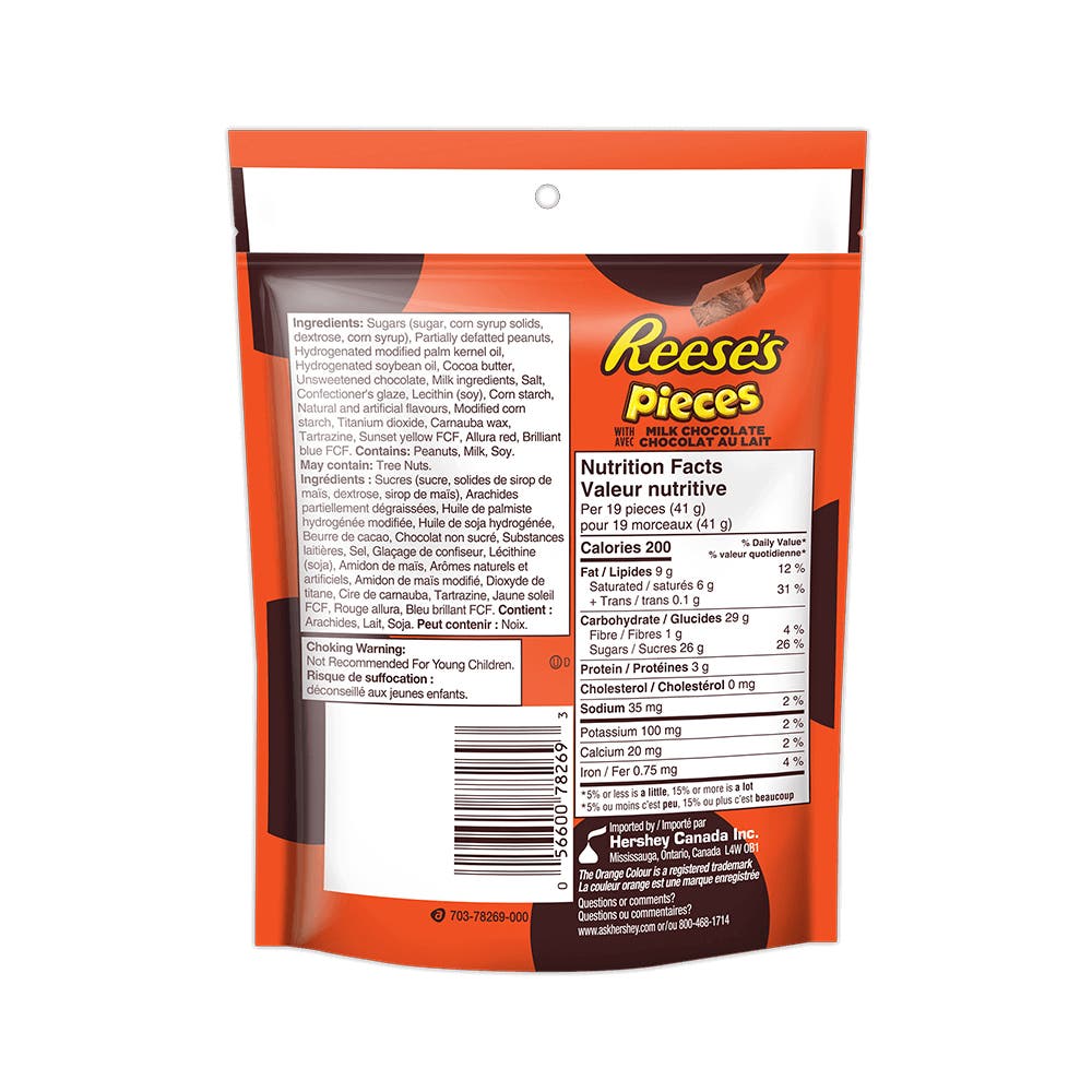 REESE'S PIECES Peanut Butter with Milk Chocolate Candy, 170g bag - Back of Package
