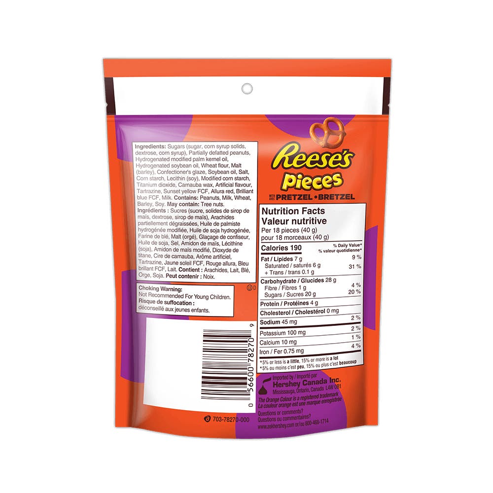 REESE'S PIECES Peanut Butter with Pretzels Candy, 170g bag - Back of Package