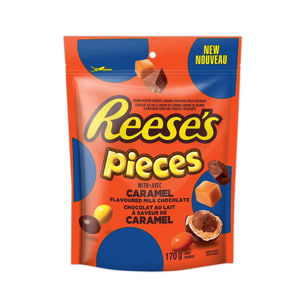 REESE'S PIECES Caramel Flavoured Milk Chocolate Candy, 170g bag - Front of Package