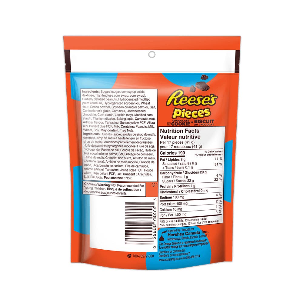 REESE'S PIECES Chocolate Cookie Biscuit Candy, 170g bag - Back of Package