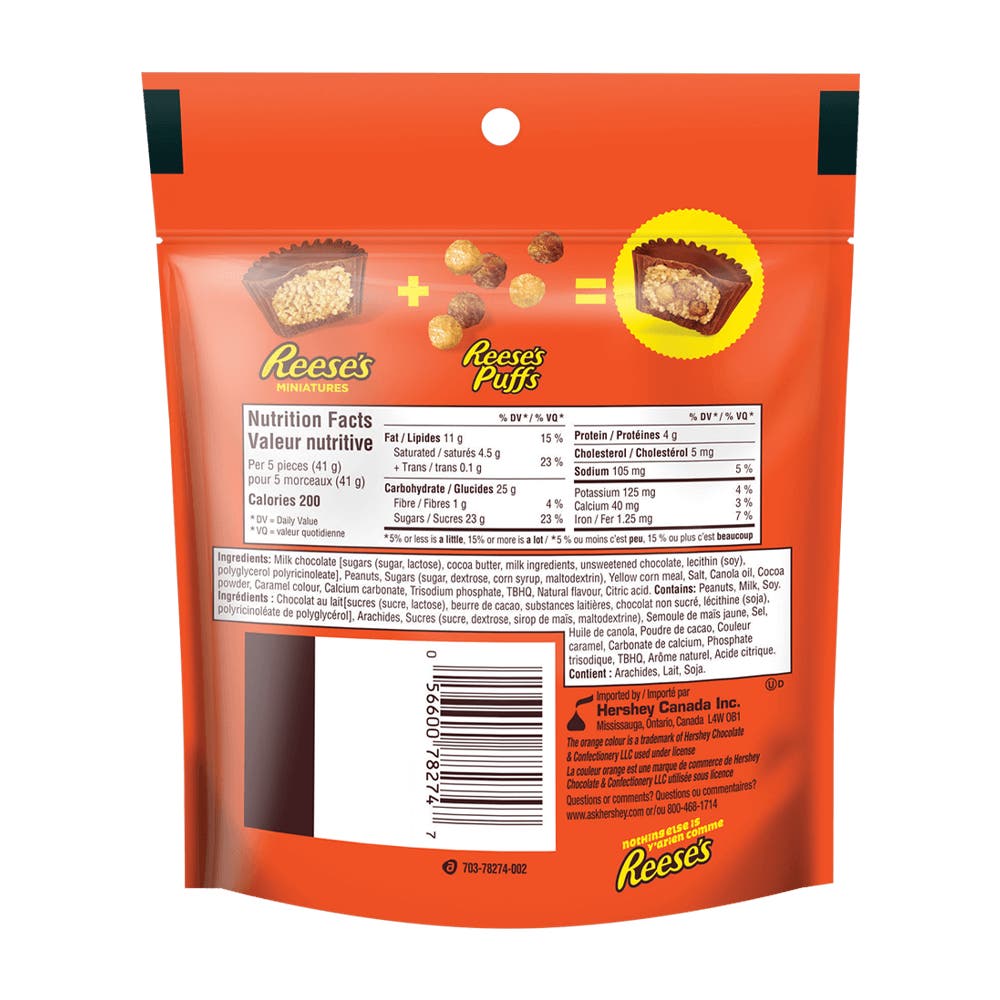 REESE'S Miniatures with REESE'S PUFFS Milk Chocolate Peanut Butter Cups Candy, 163g bag - Back of Package