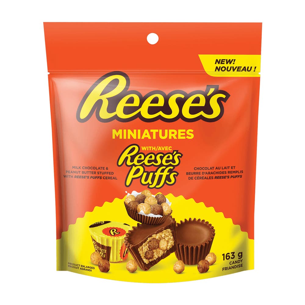 REESE'S Miniatures with REESE'S PUFFS Milk Chocolate Peanut Butter Cups Candy, 163g bag - Front of Package
