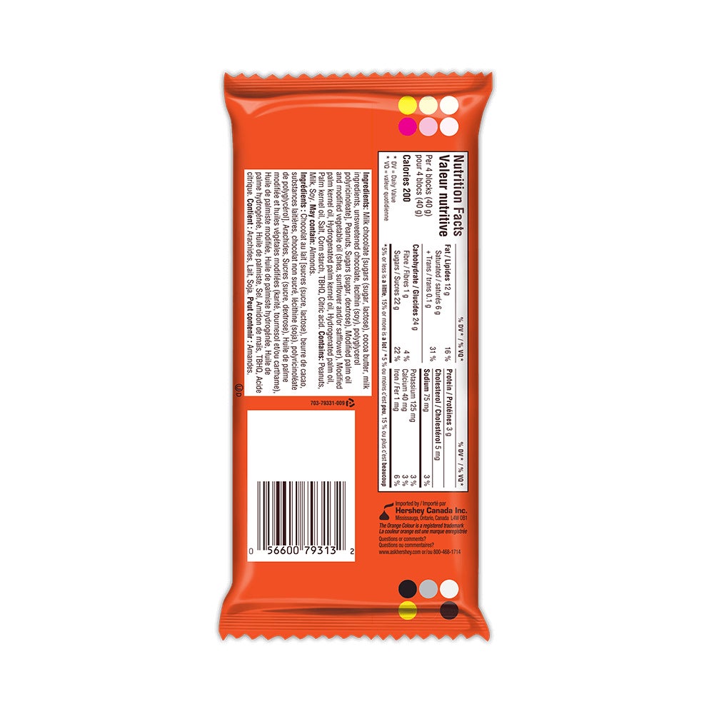 REESE'S Milk Chocolate Peanut Butter Family Size Candy Bar, 120g - Back of Package