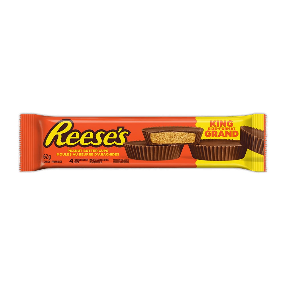 REESE'S Milk Chocolate Peanut Butter Cups King Size Candy, 62g - Front of Package