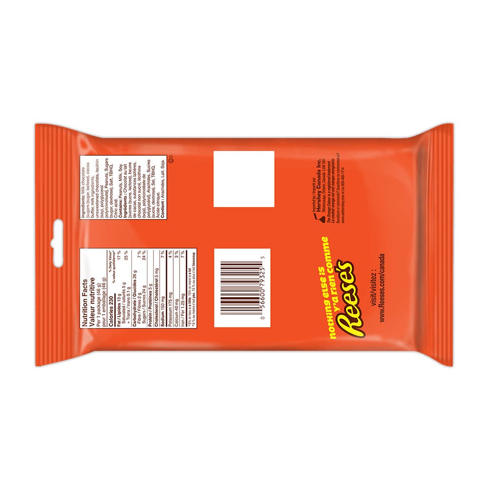 REESE'S Milk Chocolate Peanut Butter Cups Candy, 46g, 4 bars - Back of Package