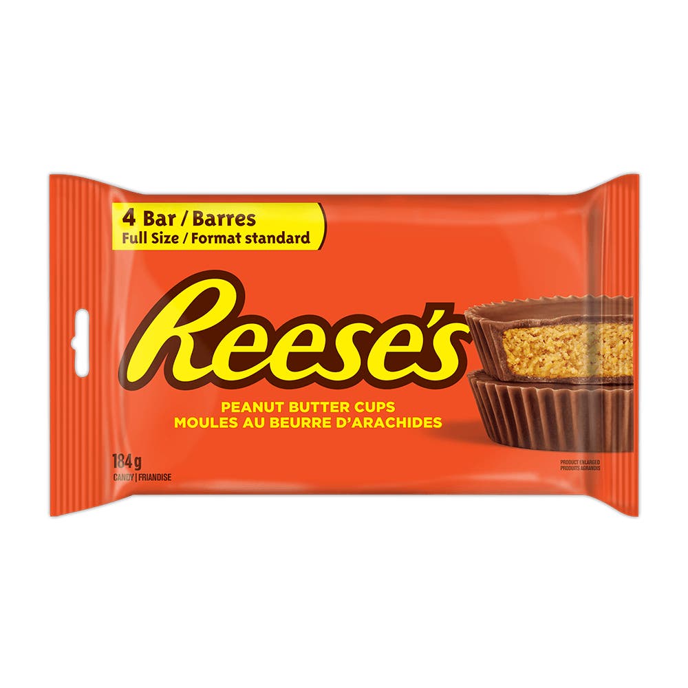REESE'S Milk Chocolate Peanut Butter Cups Candy, 46g, 4 bars - Front of Package