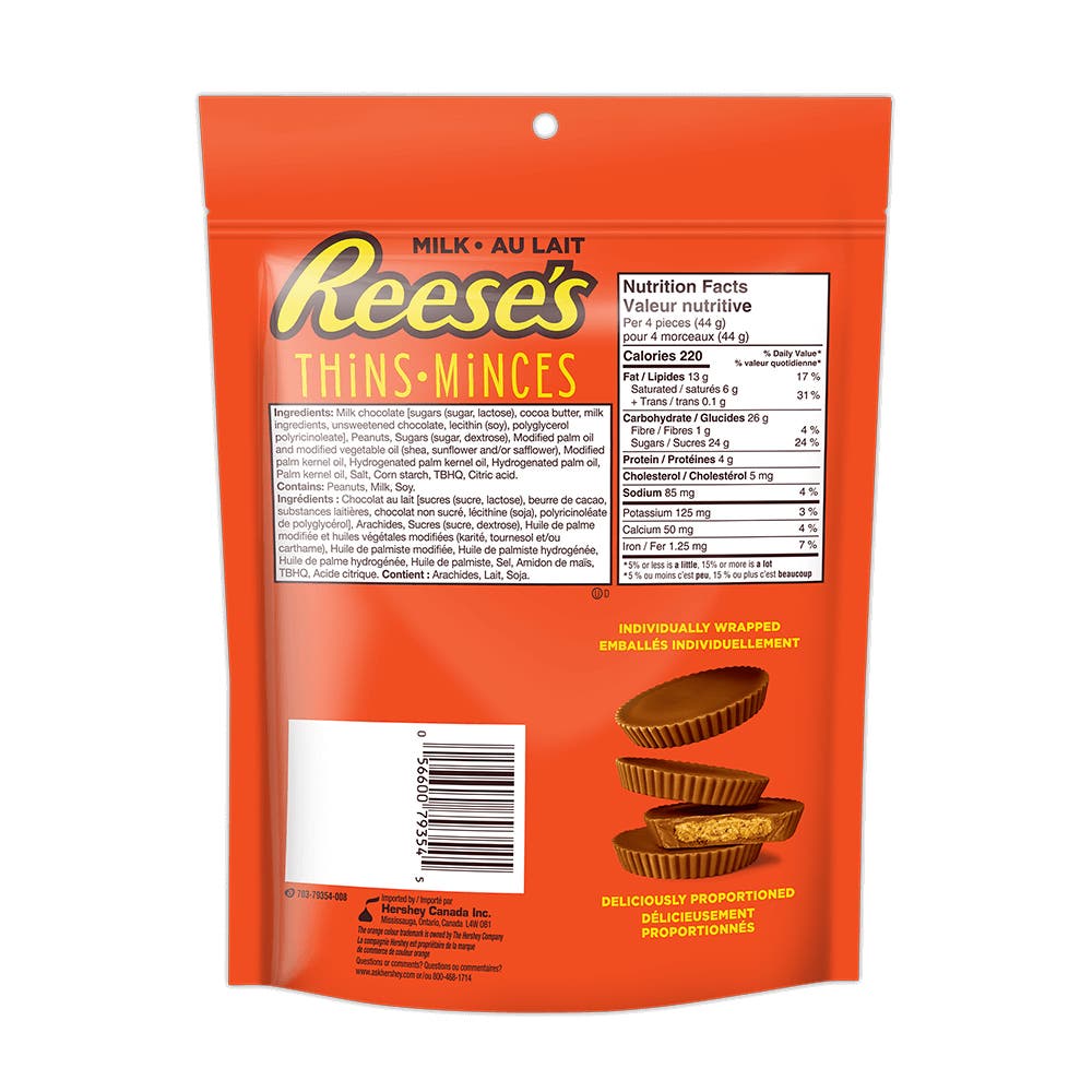 REESE'S THiNS Milk Chocolate Peanut Butter Cups Candy, 165g bag - Back of Package