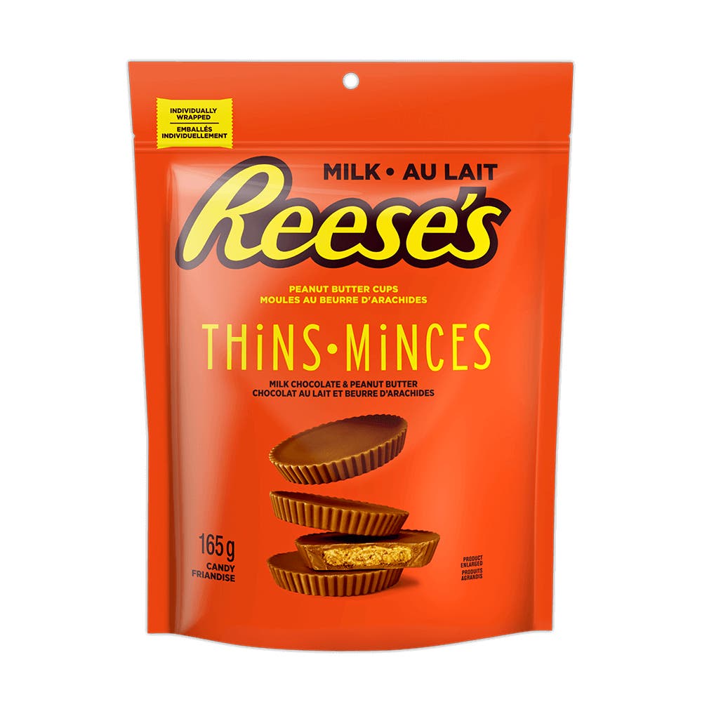 REESE'S THiNS Milk Chocolate Peanut Butter Cups Candy, 165g bag - Front of Package