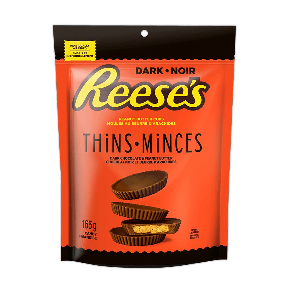 REESE'S THiNS Dark Chocolate Peanut Butter Cups Candy, 165g bag - Front of Package