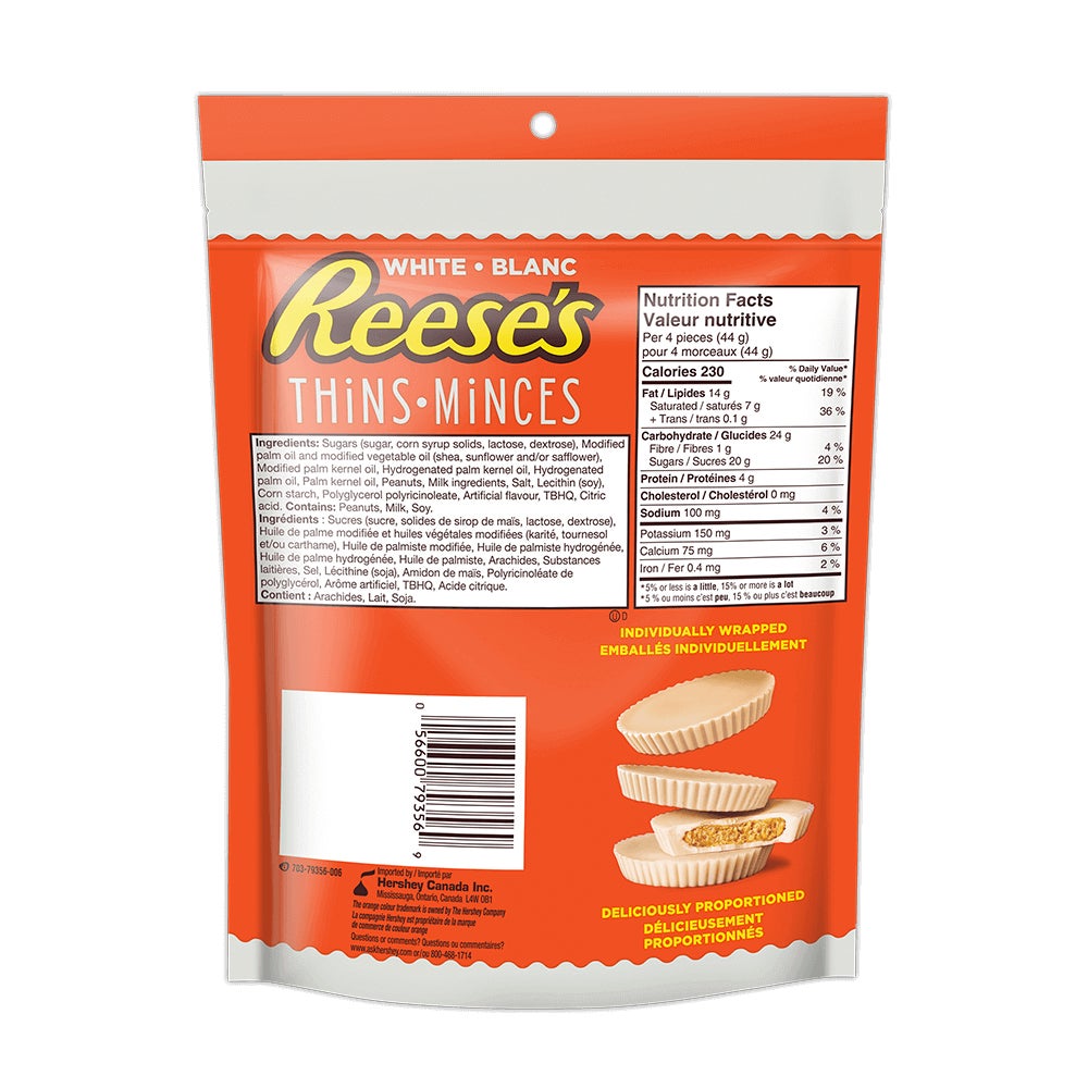 REESE'S THiNS White Creme Peanut Butter Cups Candy, 165g bag - Back of Package