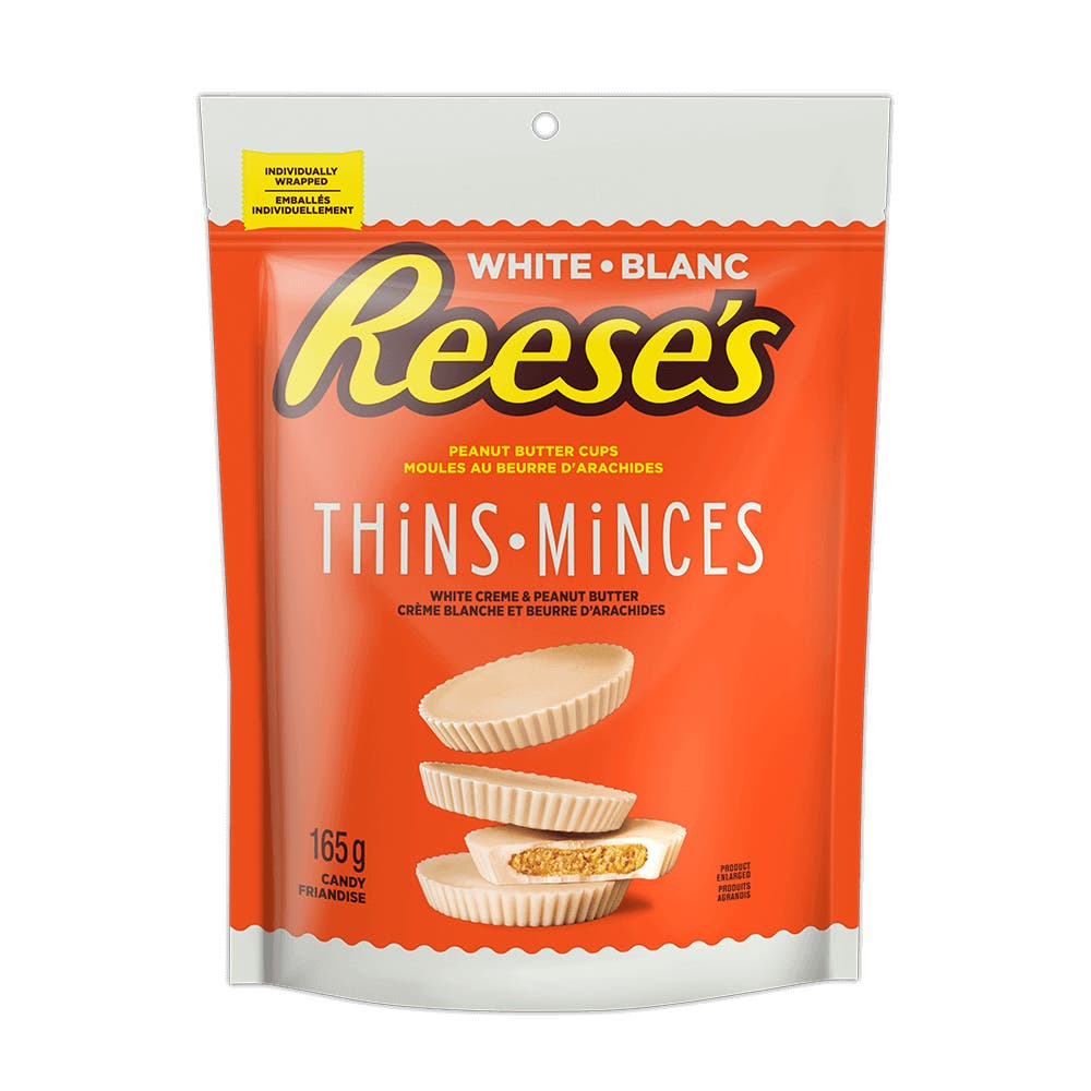 REESE'S THiNS White Creme Peanut Butter Cups Candy, 165g bag - Front of Package