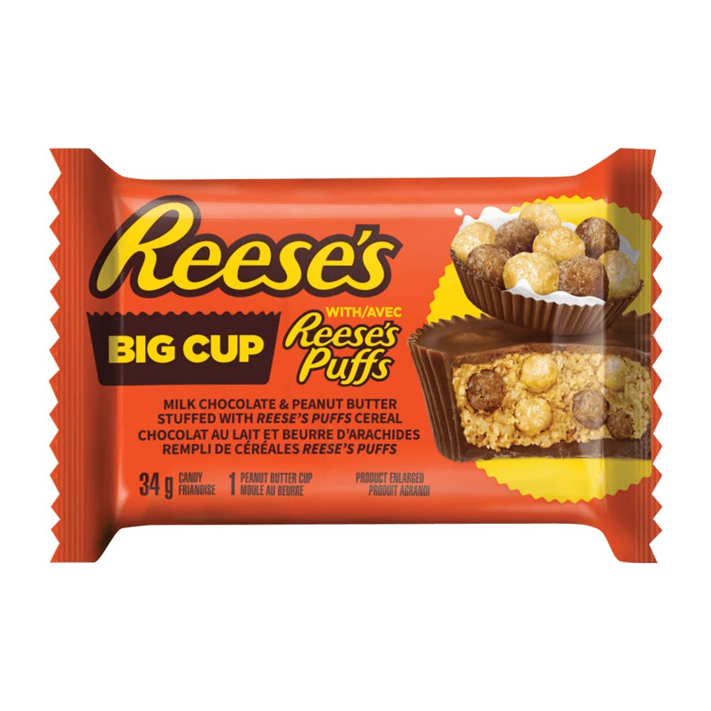 REESE'S BIG CUP with REESE'S PUFFS Milk Chocolate Peanut Butter Cups Candy, 34g - Front of Package