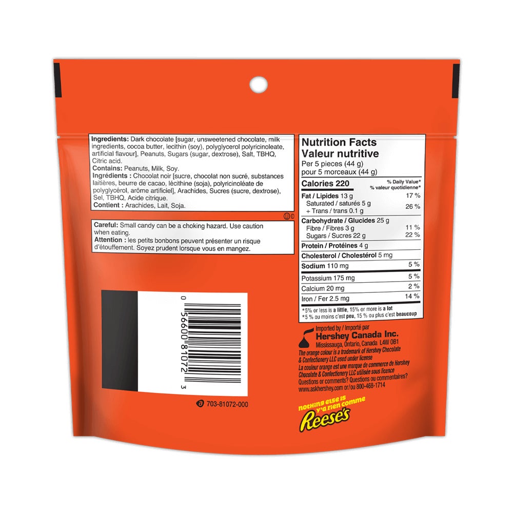 REESE'S Dark Chocolate Peanut Butter Cups Miniatures Candy, 185g bag - Back of Package