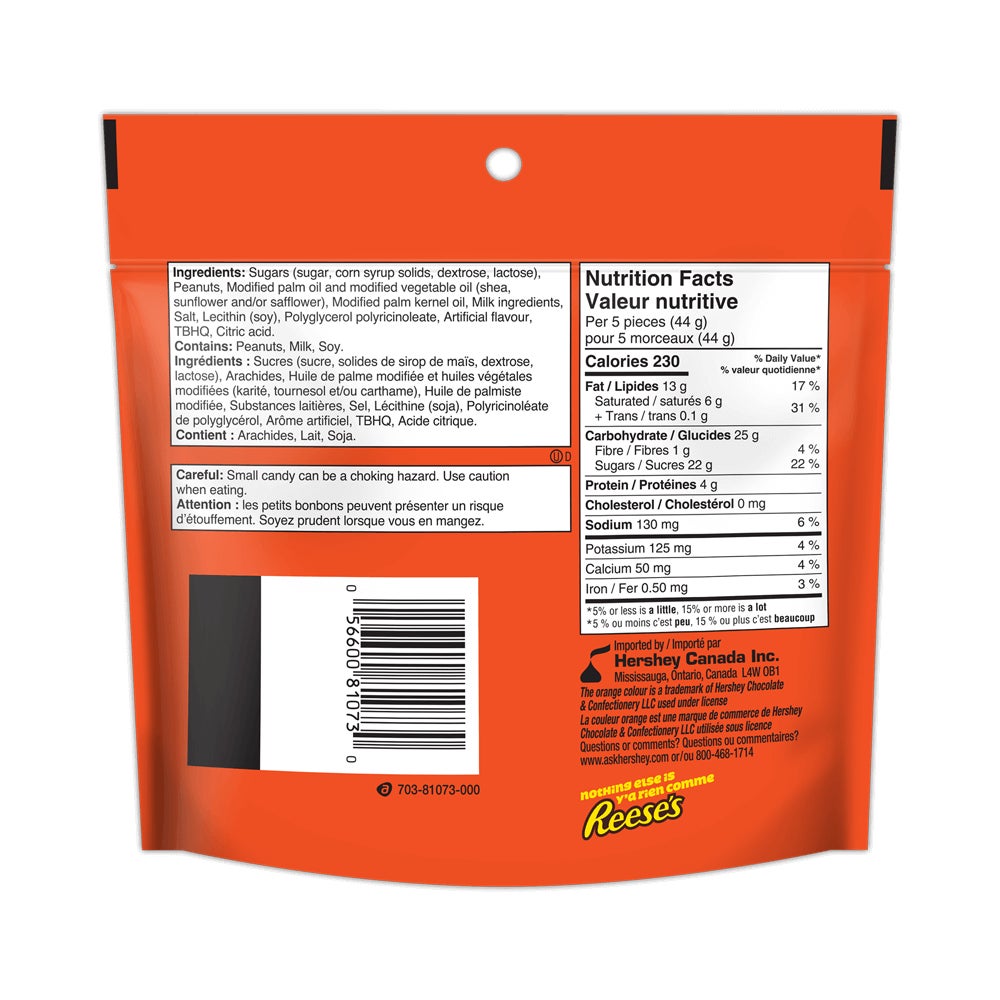 REESE'S White Creme Peanut Butter Cups Miniatures Candy, 185g bag - Back of Package