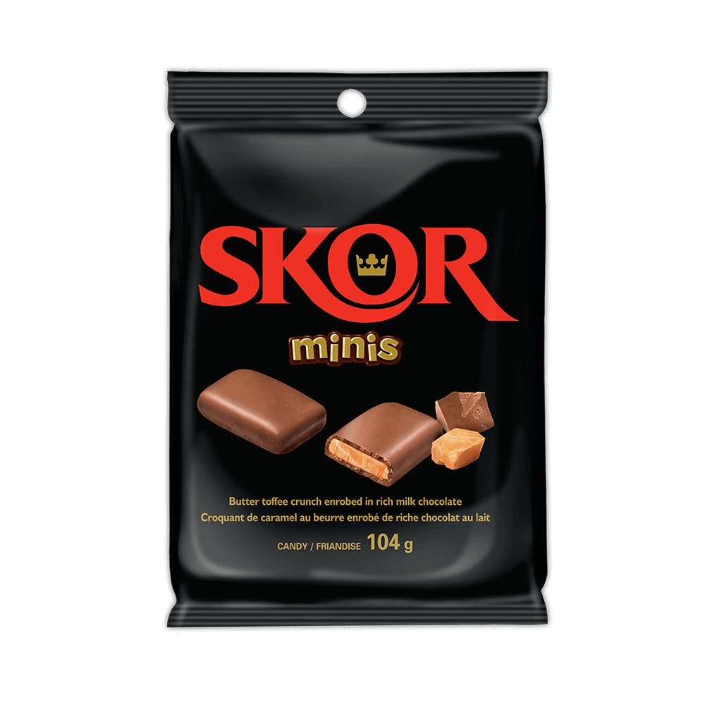 SKOR Minis Milk Chocolate with Crisp Butter Toffee Candy Bites, 104g bag - Front of Package
