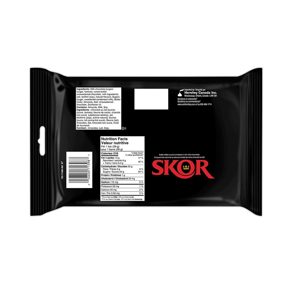 SKOR Milk Chocolate with Crisp Butter Toffee Candy Bars, 39g, 4 bars - Back of Package