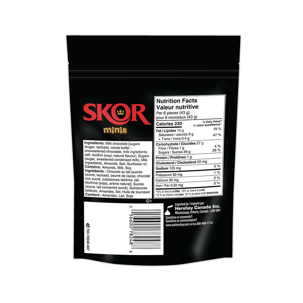 SKOR Minis Milk Chocolate with Crisp Butter Toffee Candy Bites, 191g bag - Back of Package