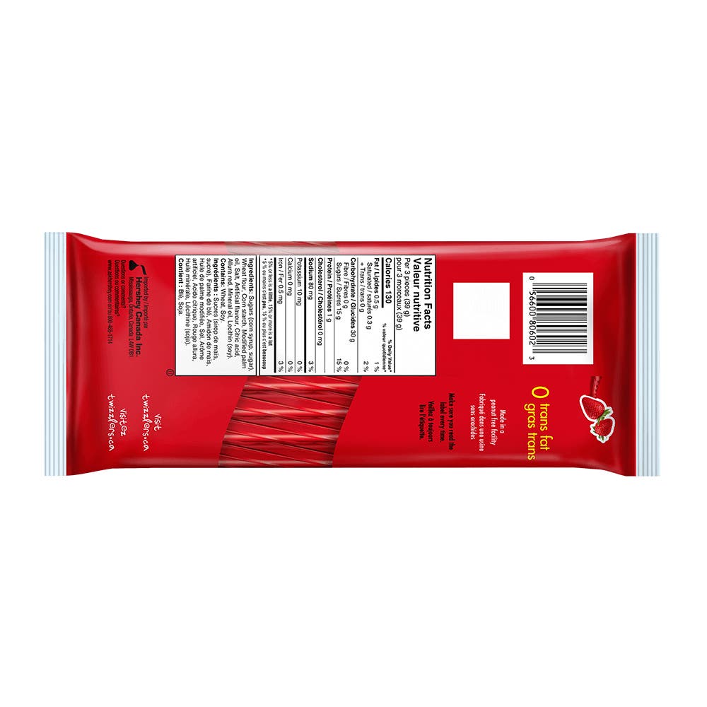 TWIZZLERS Twists Strawberry Candy, 250g bag - Back of Package
