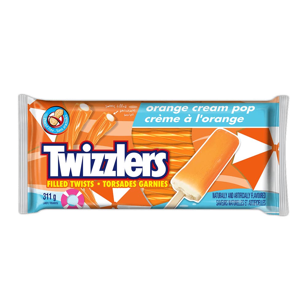 TWIZZLERS Filled Twists Orange Cream Pop Flavoured Candy, 311g bag - Front of Package