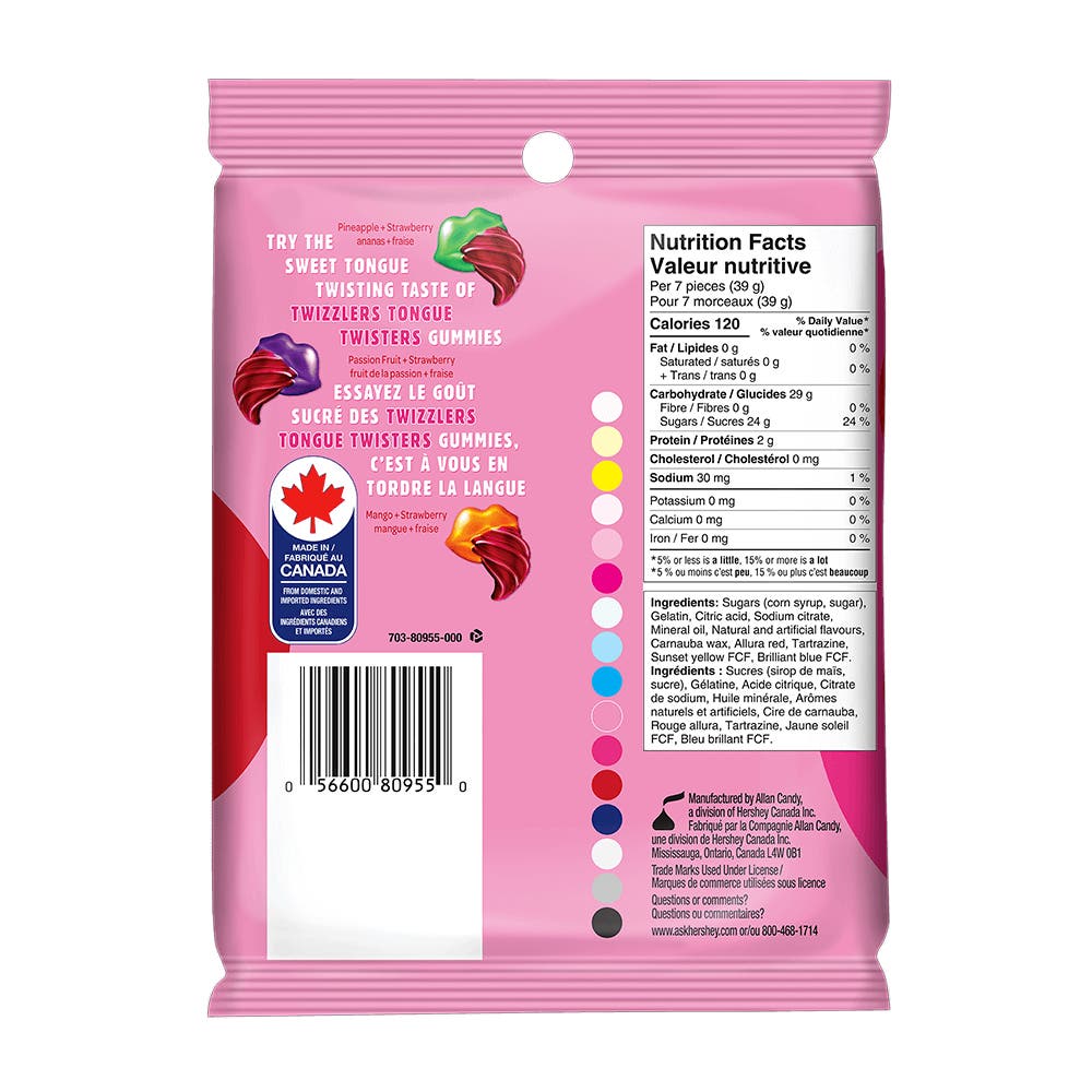 TWIZZLERS TONGUE TWISTERS Sweet Gummies, 182g bag - Back of Package