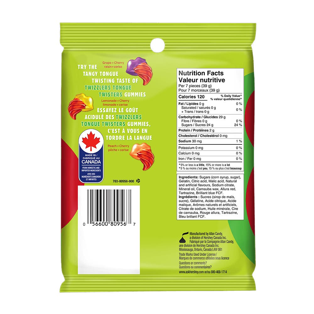 TWIZZLERS TONGUE TWISTERS Tangy Gummies, 182g bag - Back of Package