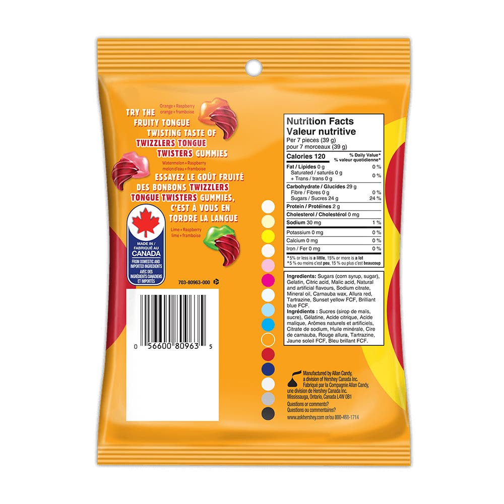 TWIZZLERS TONGUE TWISTERS Fruity Gummies, 182g bag - Back of Package