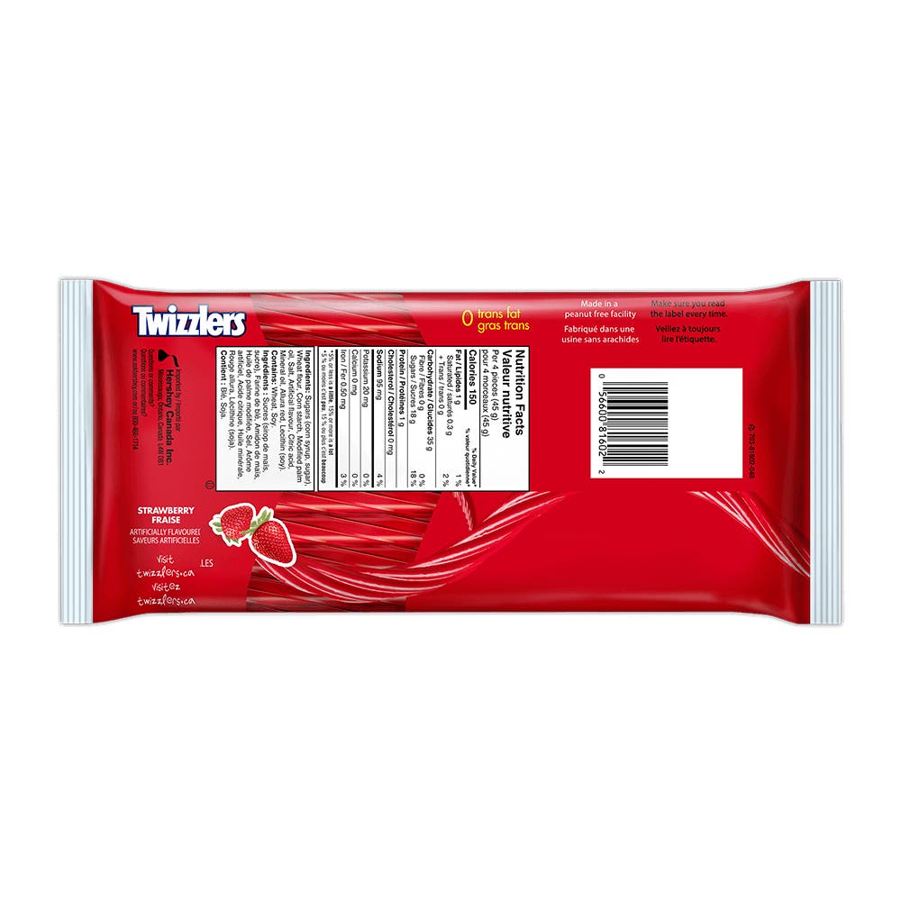 TWIZZLERS Twists Strawberry Candy, 454g bag - Back of Package