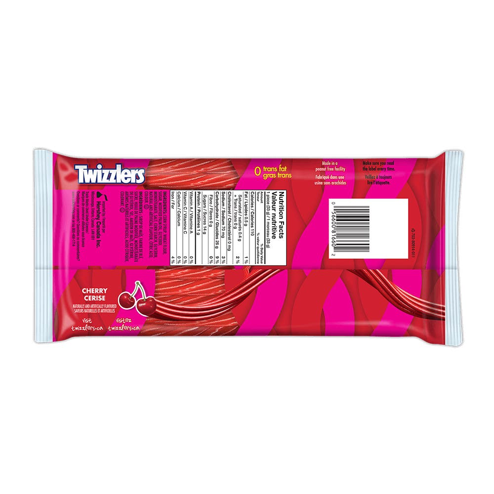 TWIZZLERS PULL 'N' PEEL Cherry Candy, 396g bag - Back of Package