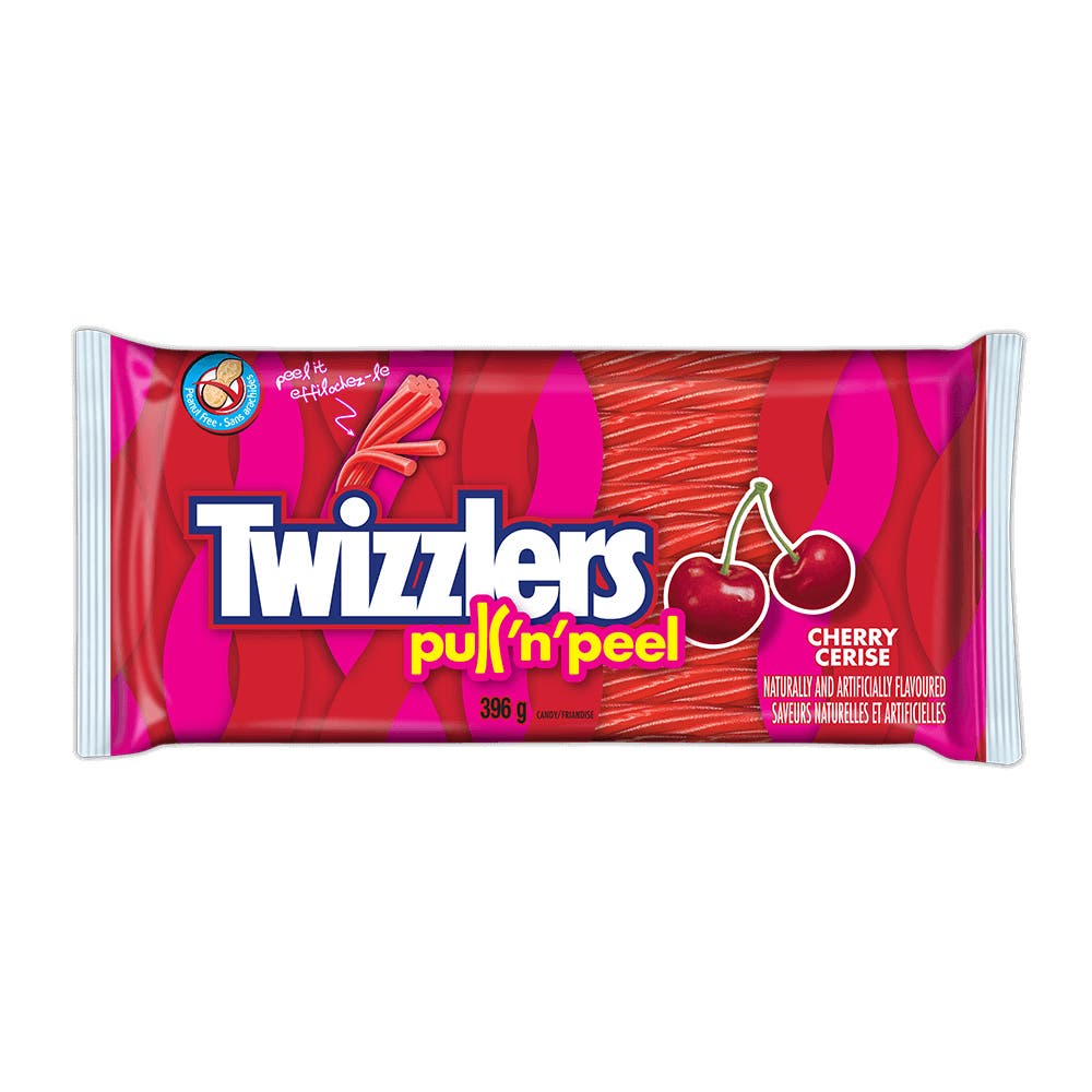 TWIZZLERS PULL 'N' PEEL Cherry Candy, 396g bag - Front of Package