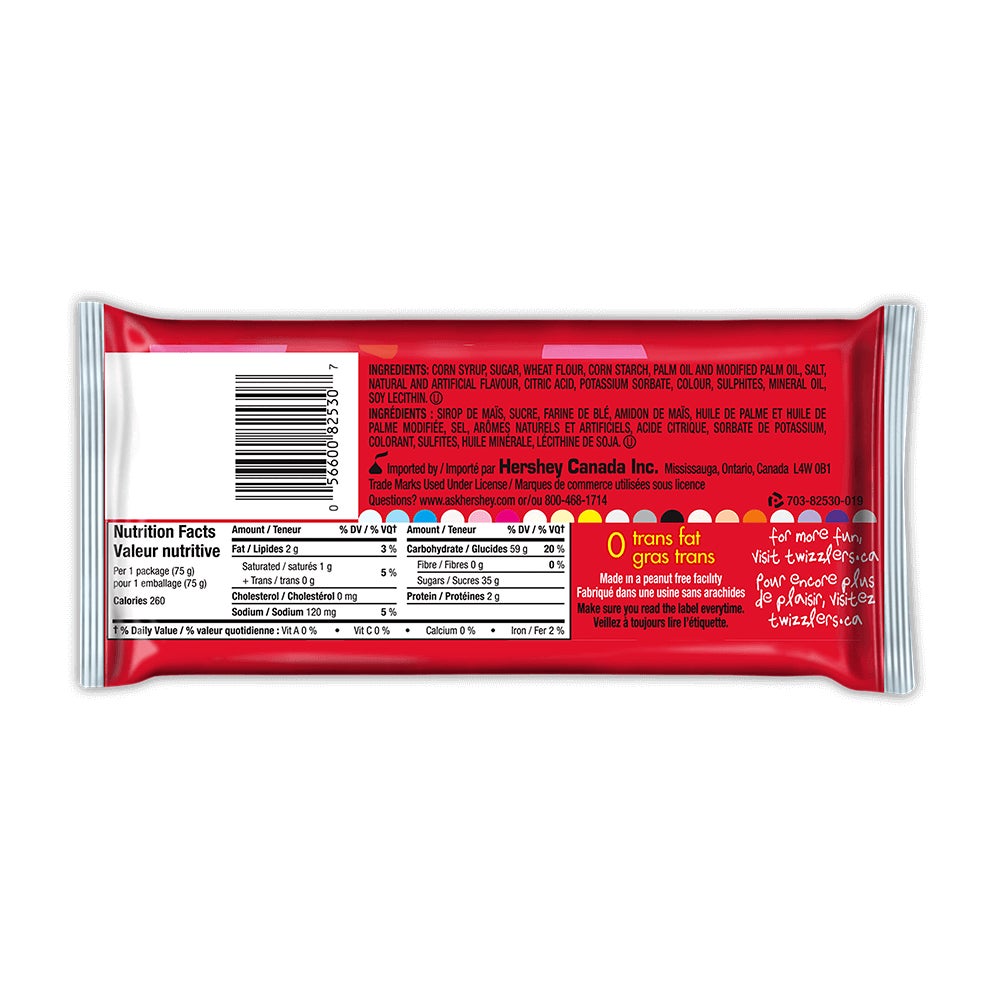 TWIZZLERS NIBS Cherry Candy, 75g bag - Back of Package