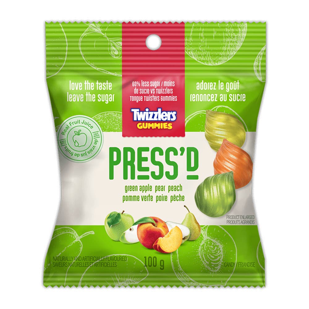 TWIZZLERS GUMMIES PRESS'D Green Apple Pear Peach, 100g bag - Front of Package
