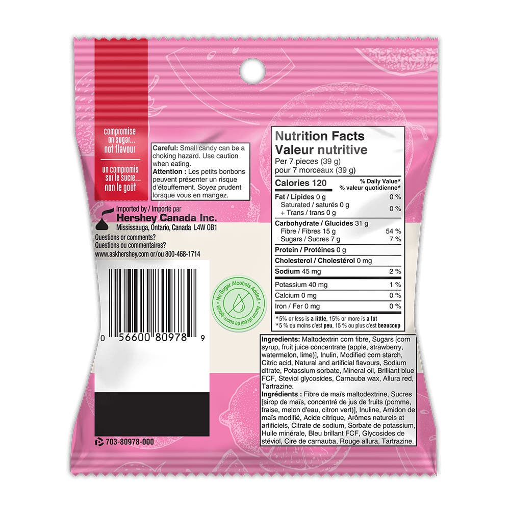 TWIZZLERS GUMMIES PRESS'D Watermelon Strawberry Lime, 100g bag - Back of Package